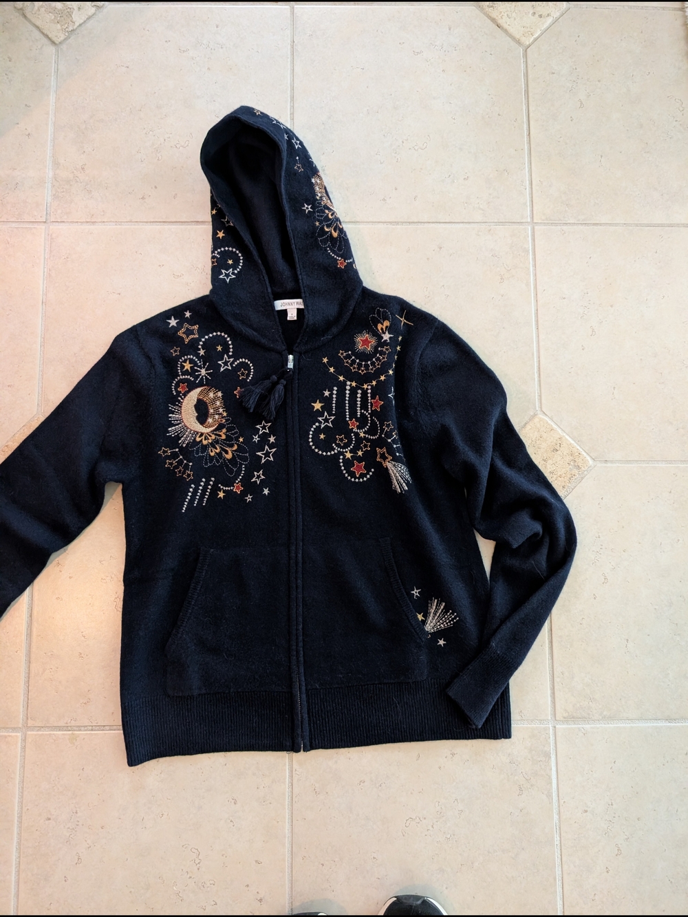 Johnny Was Black Embroidered Celestial Zip Hoodie